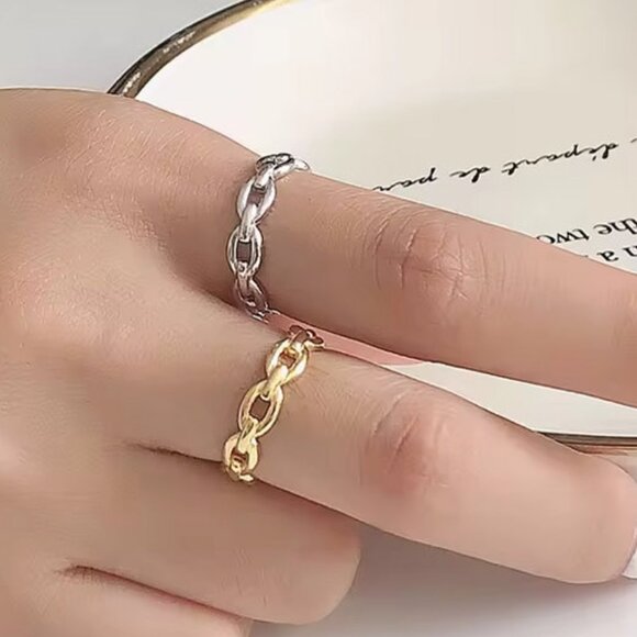Link Chain Adjustable Ring in Gold & Silver. 925 Sterling Silver. #1085 - Picture 1 of 5